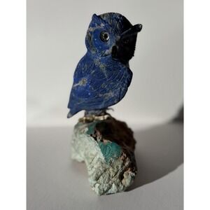Signed Lapis Lazuli Owl Sculpture on Turquoise Matrix Base